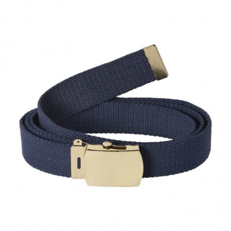 Ceinture bleue en toile avec boucle or.