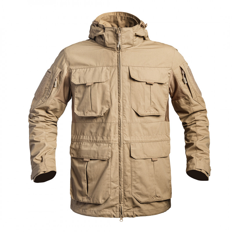 Veste longue FIGHTER tan – Ripstop 5.0, capuche amovible & poches multiples