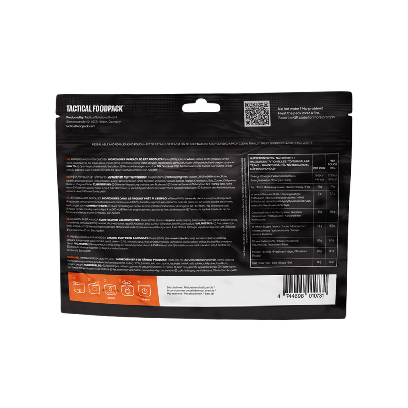 Ration de survie poulet et pâtes sauce arrabiata – repas d’urgence prêt à consommer