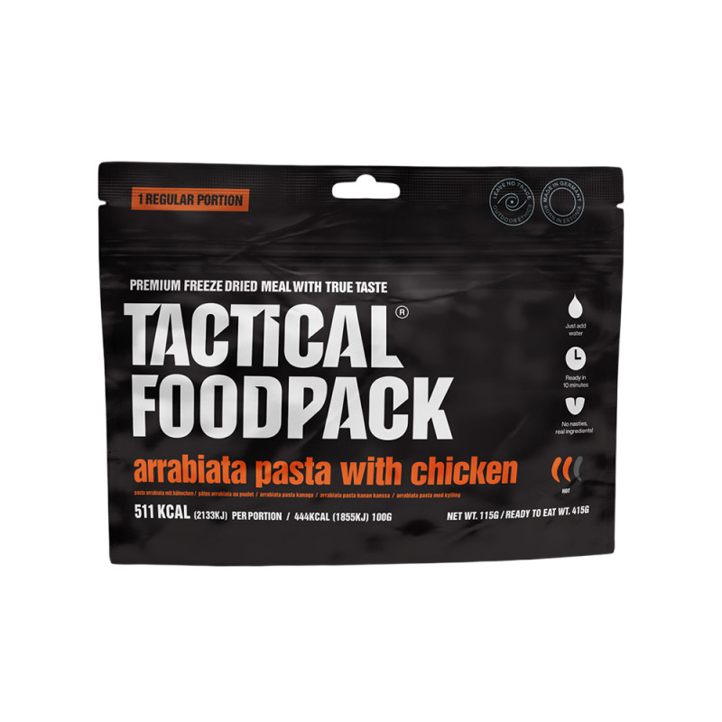 Ration de survie poulet et pâtes sauce arrabiata – repas d’urgence prêt à consommer