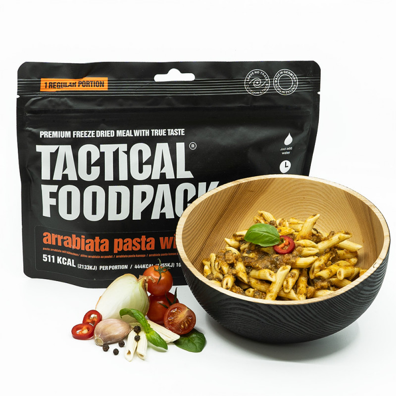 Ration de survie poulet et pâtes sauce arrabiata – repas d’urgence prêt à consommer