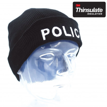 Bonnet maille Thinsulate noir “POLICE” — isolation & identification