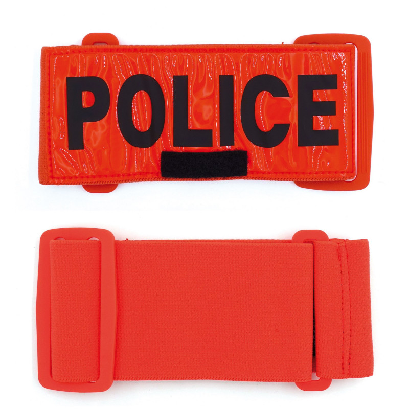 Brassard orange fluo Police avec RIO – porte-insigne réglable 7 cm