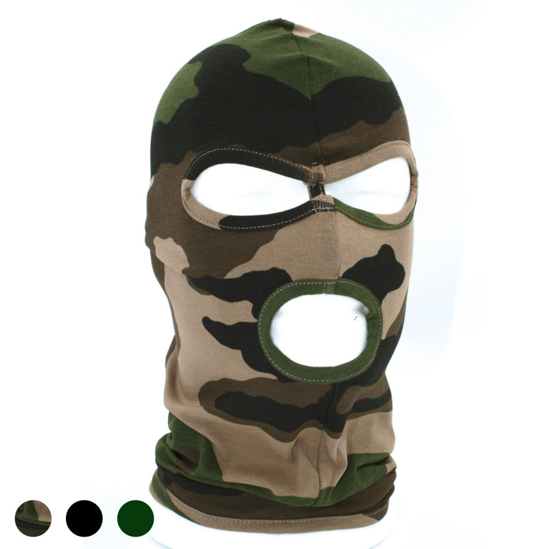Cagoule 3 ouvertures camouflage noire/vert armée – protection tête & visage Cagoule 3 ouvertures camouflage noire/vert armée – protection tête & visage