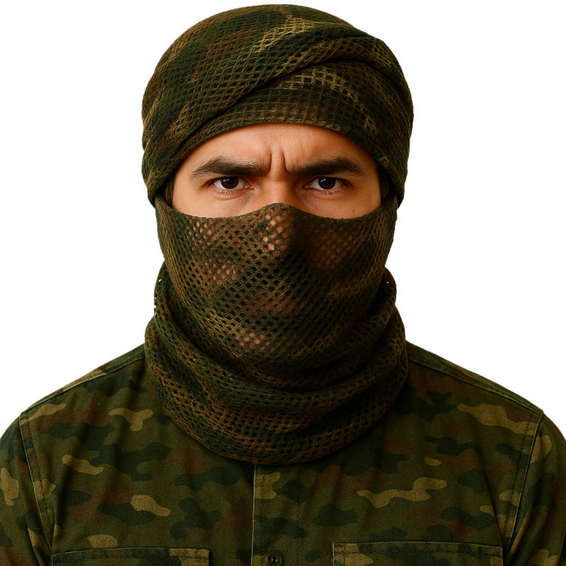 Chèche filet camouflage CE — désillusion tactique & ventilation Chèche filet camouflage CE — désillusion tactique & ventilation