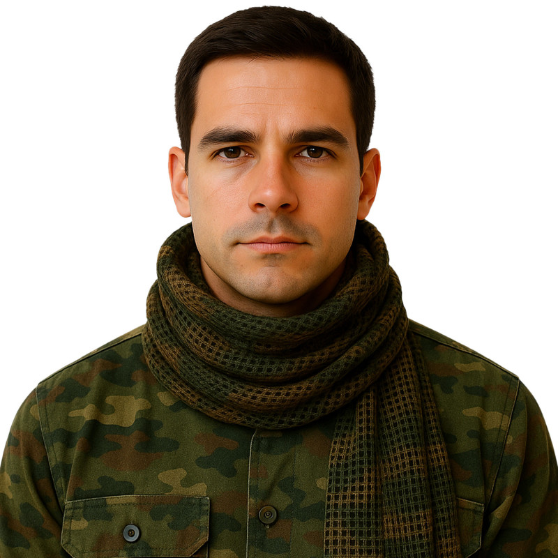 Chèche filet camouflage CE — désillusion tactique & ventilation Chèche filet camouflage CE — désillusion tactique & ventilation