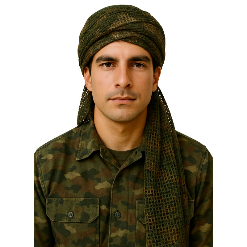 Chèche filet camouflage CE — désillusion tactique & ventilation Chèche filet camouflage CE — désillusion tactique & ventilation