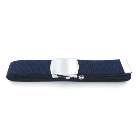 Ceinture sangle bleue avec boucle argent – toile coton 140×3,2 cm | Pros-Fas