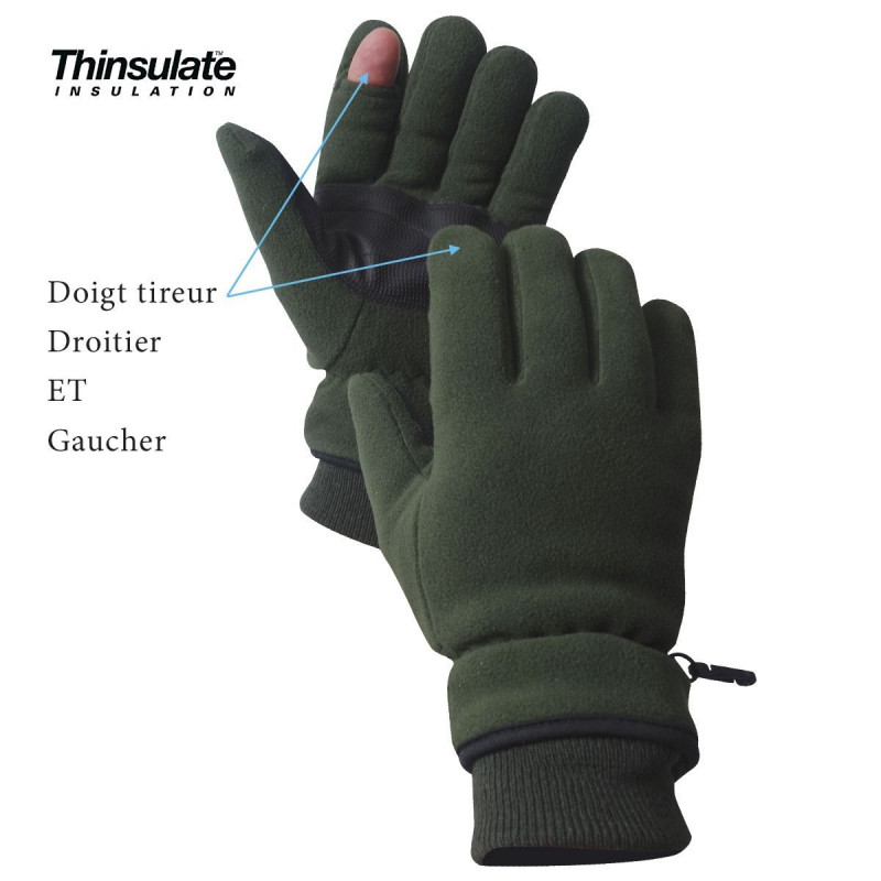 Gants polaires doigt tireur Thinsulate vert armée Gants polaires doigt tireur Thinsulate vert armée