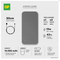 Powerbank GP Plus 10 000 mAh – noir – Batterie externe Powerbank GP Plus 10 000 mAh – noir – Batterie externe